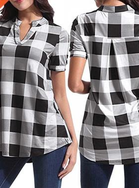 Plus Size Plaid Blouse Women Summer Clothing Cotton Tops Tun