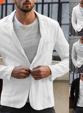 Fashion Men Suit Autumn Solid Color Long Sleeve Pockets Cott