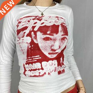 E-girl Gothic Print T-shirt Women Long Sleeve Slim Fit Crop