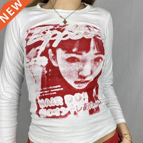 E-girl Gothic Print T-shirt Women Long Sleeve Slim Fit Crop