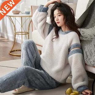 M-4XL Coral Velvet Pajamas Sets Women Winter Thick Warm Flan