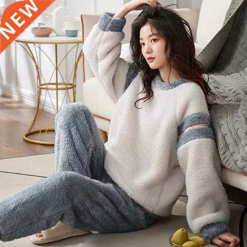 M-4XL Coral Velvet Pajamas Sets Women Winter Thick Warm Flan