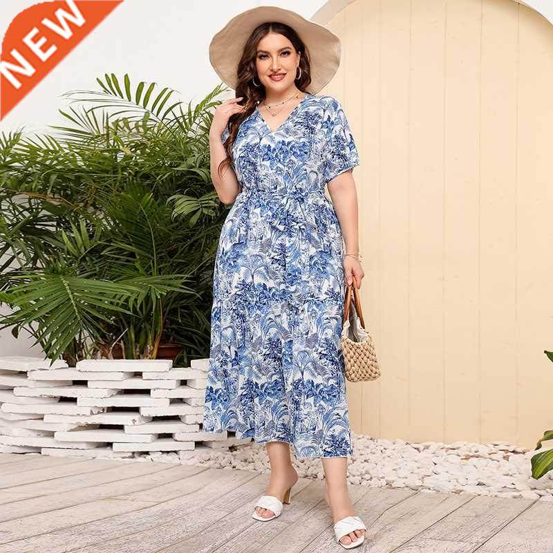 L-4xl Lrge V-neck Holidy ldies Bech Dress大码沙滩连衣裙