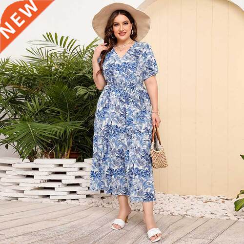 L-4xl Lrge V-neck Holidy ldies Bech Dress大码沙滩连衣裙