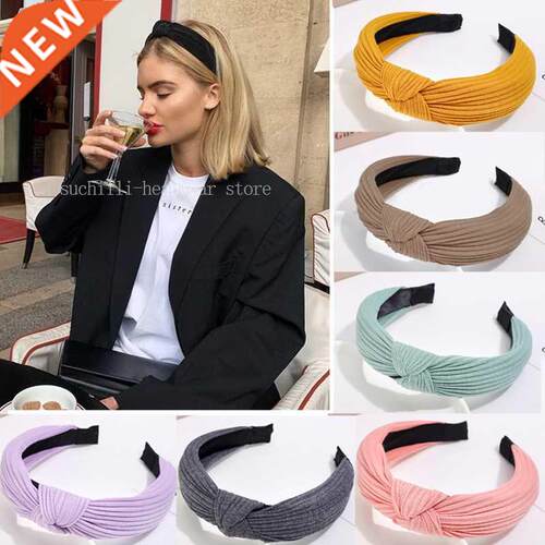Women Bow Knot Hair Bands Knitted Wave Solid Color Wide Band
