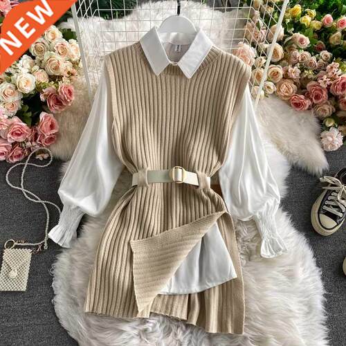 2021 spring autun woen's lantern sleeve shirt knitted