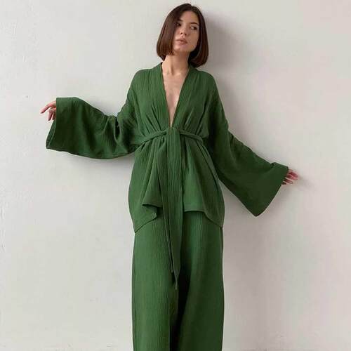 Restve Cotton Women's Nightgown 2 Pieces Set Drop Sleeves Ro