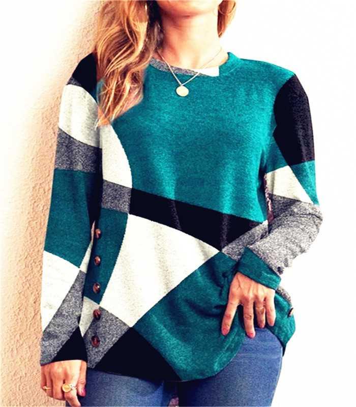 2022 Button Geometric Contrast Long Sleeve Printed Loose T-s