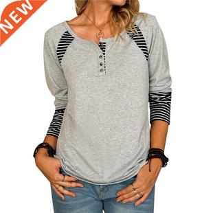 Autumn Striped Print T-shirt Women Casual Long Sleeve Round
