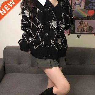 Argyle Heart Pattern Jacquard Knitted Cardigan Sweater V-nec
