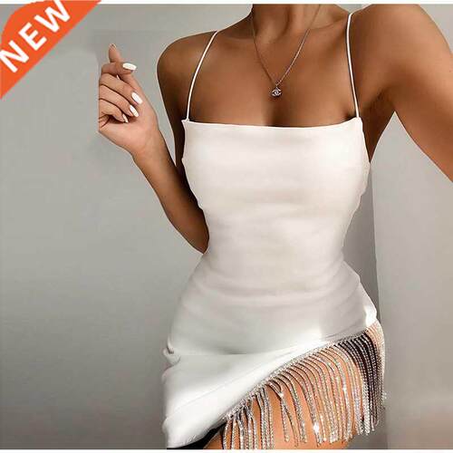 Sexy Tassel Diamonds Party Dress Women Spaghetti Straps Back