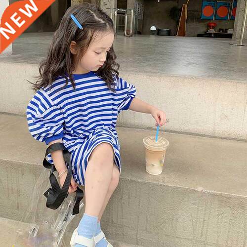 Girls T-Shirt Dress Striped Mid-Sleeve Long Top Sweater Dres