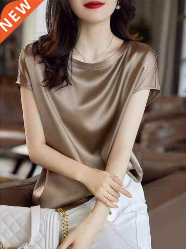 Silk Thin Short Sleeve Tees Korean Style Slip Woman Summer C