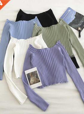 Autumn Off Shoulder Crop Top Knitted T Shirts Hot Sale Long