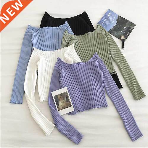 Autumn Off Shoulder Crop Top Knitted T Shirts Hot Sale Long