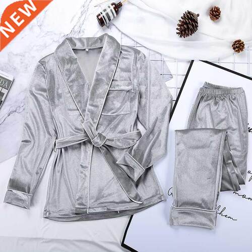 HECHAN Gray Velvet Pajamas Wm Long Sleeve Home Suit For Wo