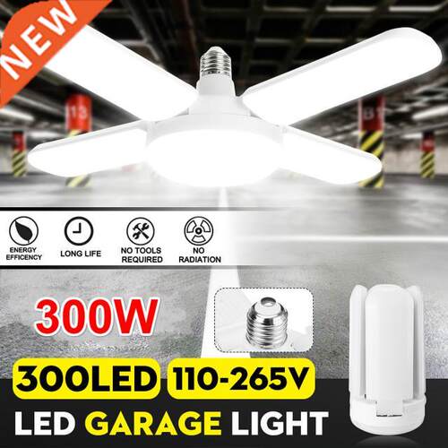 300W LED Garage Lights Foldable E27 Bulb 4 Adjustable Fan Bl