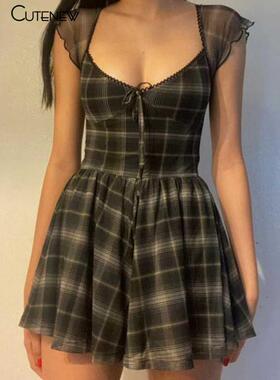 Cutenew Lattice Pattern A-Line Short Sleeve Mini Dress For W
