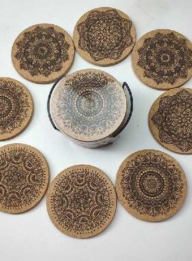 Nordic mandala round cork coaster with bracket set