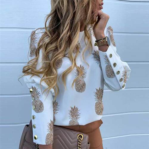 Pine Print Shirt Women Loose Slim Casual OL Blouse Ladi
