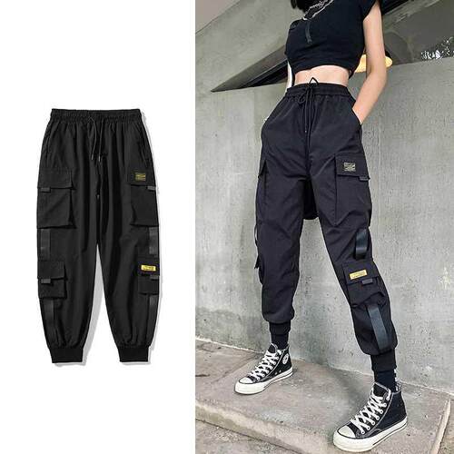 Streetwear Black Pants Women Korean Style Elastic Waist Swea