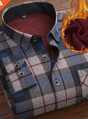 2022 Men Fleece Shirt Autumn Winter Male Long Sleeve Plaid S