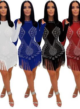 S-3xl Large Size Ironed Diamond Sexy Fringed Lady dress大码