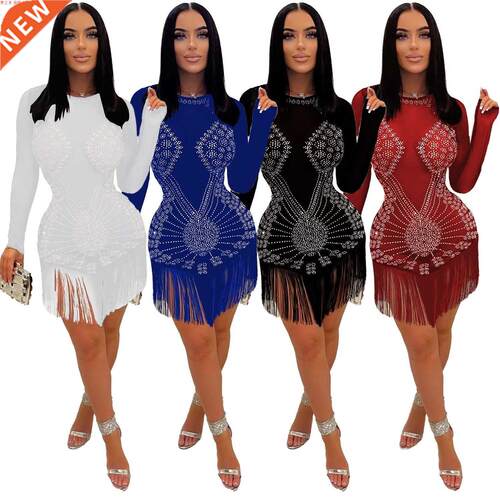 S-3xl Large Size Ironed Diamond Sexy Fringed Lady dress大码