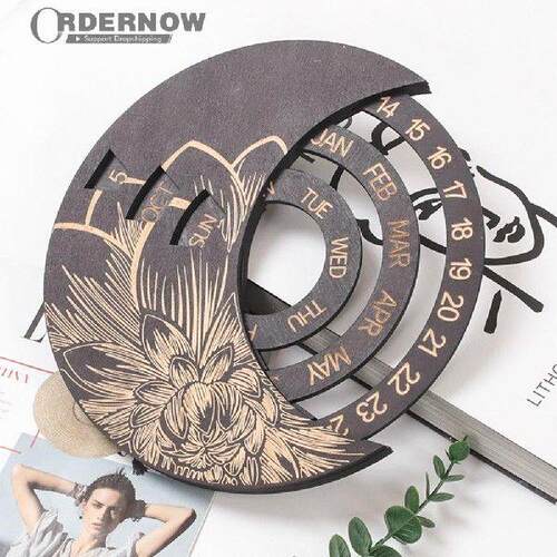 Wood Moon Perpetual Calendar Rotatable Home Wall