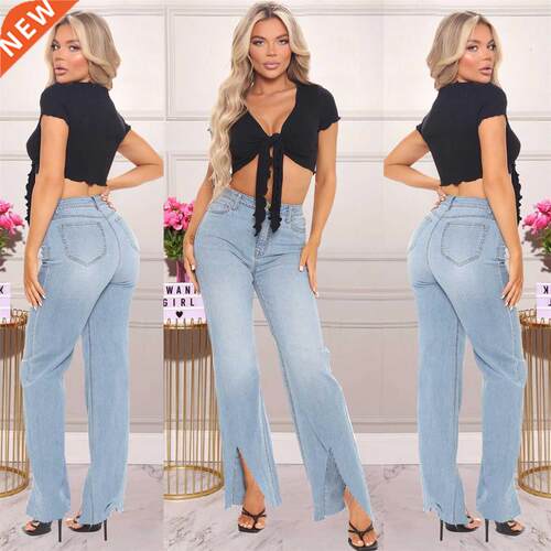 大码欧美wish跨境ebay新款高腰修身开叉微喇女裤Plus-size jeans