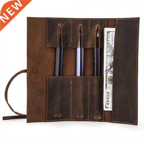 Exquisite Vintage Leather Pen Roll Hidden Cash Pocket 3 Wide