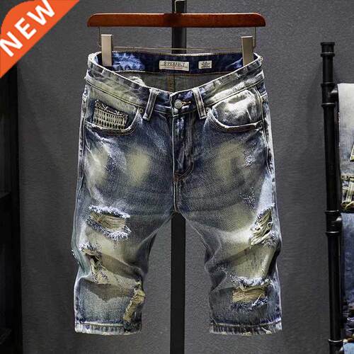 Summer New Men's Stch Ripped Short Jeans Fashion Casual Loos