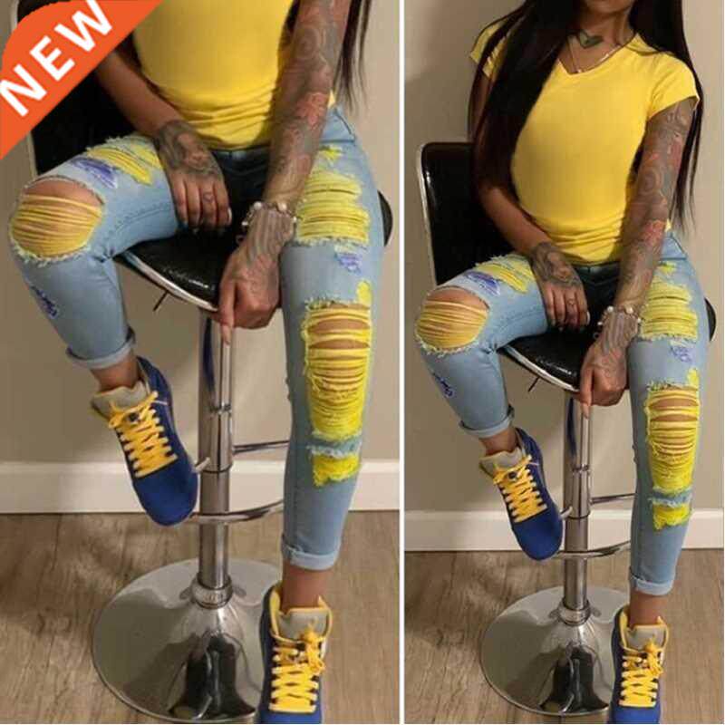 womens street jeans with ripped seams小脚裤浅色破洞牛仔裤女