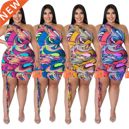 Xl-5xl Large MM Printed one shoulder hip Wrap Lady dress