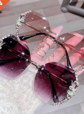 2022 Luxury Brand Design Vintage Rimless Rhinestone Sunglass