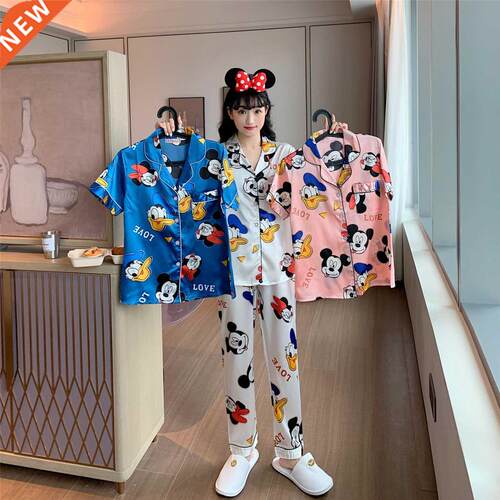 Cute Silk Pajamas for Women Fall Home Suit Mickey Mouse Pyja