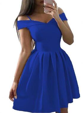 Fashion Party Women Dress Solid Color Pleated Off Shoulder