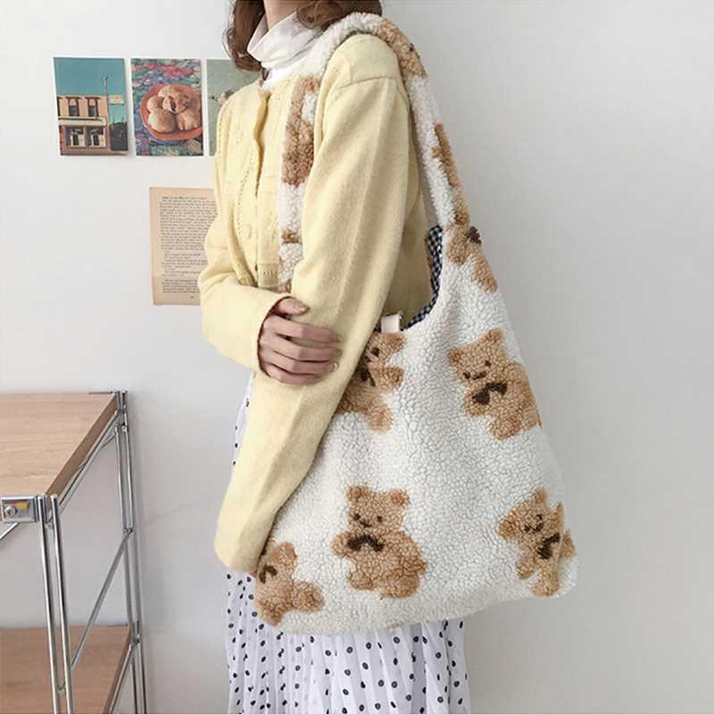 Women Plush Shoulder Bag Warm Cloth Fabric Handbag Soft Canv