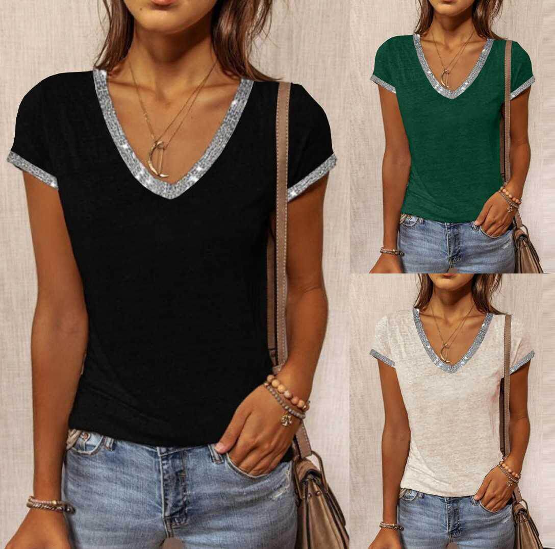 Summer Fashion Women's V-neck Solid Color Slim Short-sleeved