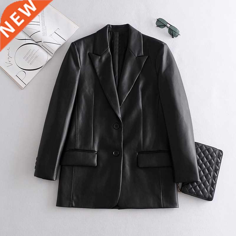 2021 Long PU Faux Leather Blazers Women Leather Jacket Coat-封面