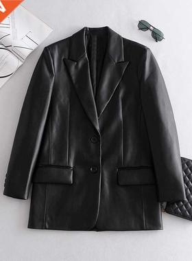 2021 Long PU Faux Leather Blazers Women Leather Jacket Coat