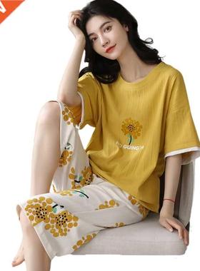 Summer Knitted Cotton Cartoon Pajamas Sets Women Pyjamas Sle