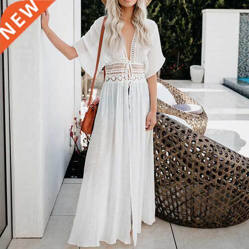 Sexy Beach Dress Bikini Cover-ups Long White Tunic Crochet C