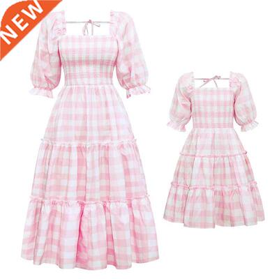Spring Summe Mother Daughter Matching Dresses Pink Grid Fami