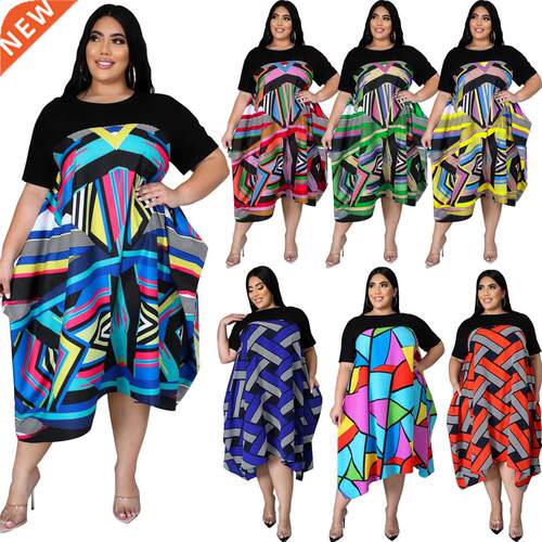 L-5XL lge size fashion print irregul dress大码印花连衣裙