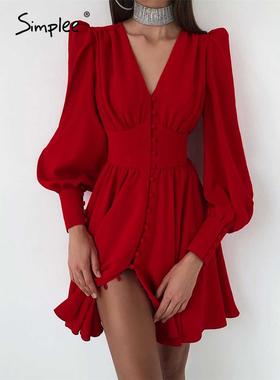Simplee V-neck buttons pleated puff sleeves mini party dress