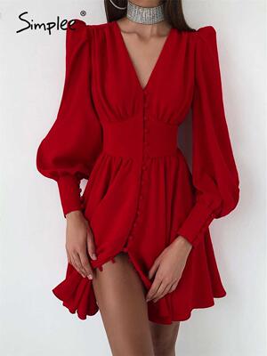 Simplee V-neck buttons pleated puff sleeves mini party dress