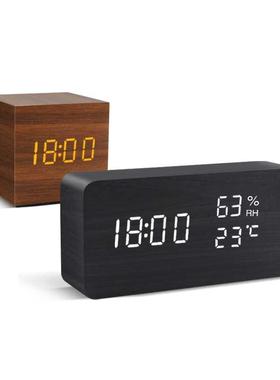 Alarm Clock LED Wooden Watch Table Voice Control Digital Woo