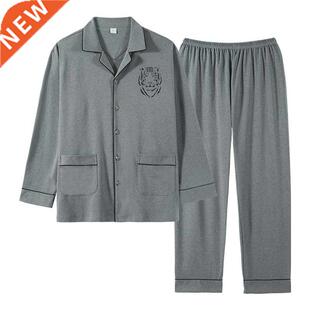 Newest 100% Cotton Pajamas Set Men Long Sleeve Turn-down Col