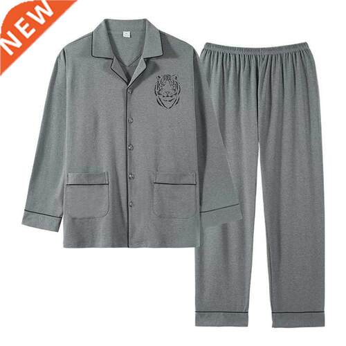 Newest 100% Cotton Pajamas Set Men Long Sleeve Turn-down Col